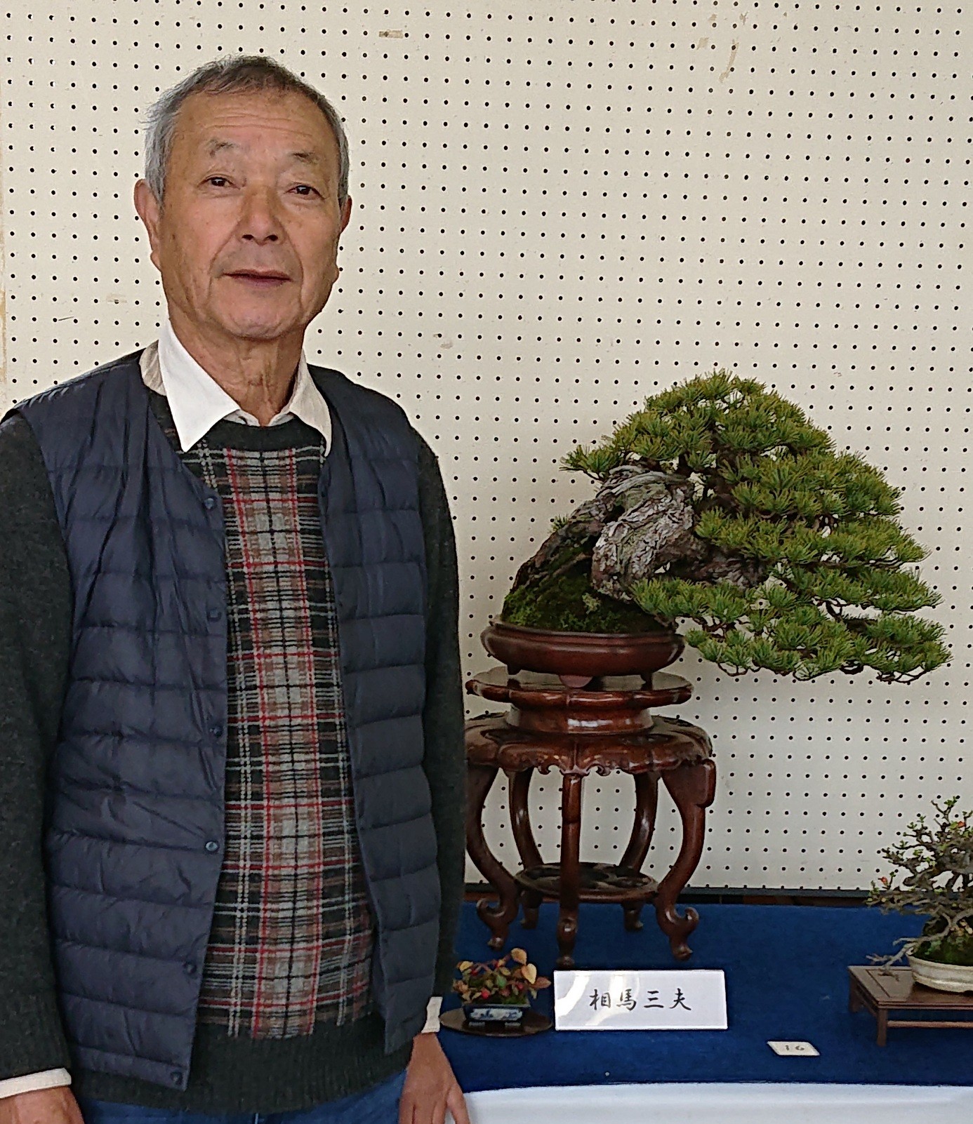 国風盆栽展出品者の相馬三夫さんと推定樹齢100年のゴヨウマツの写真