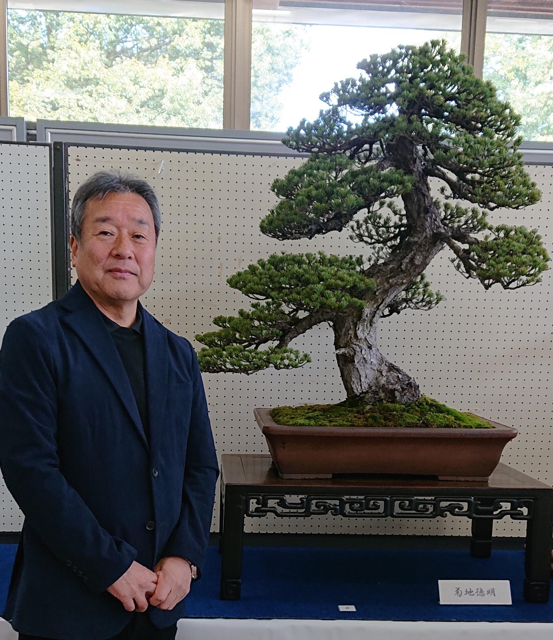 国風盆栽展出品者の菊地德明さんと推定樹250年のゴヨウマツの写真